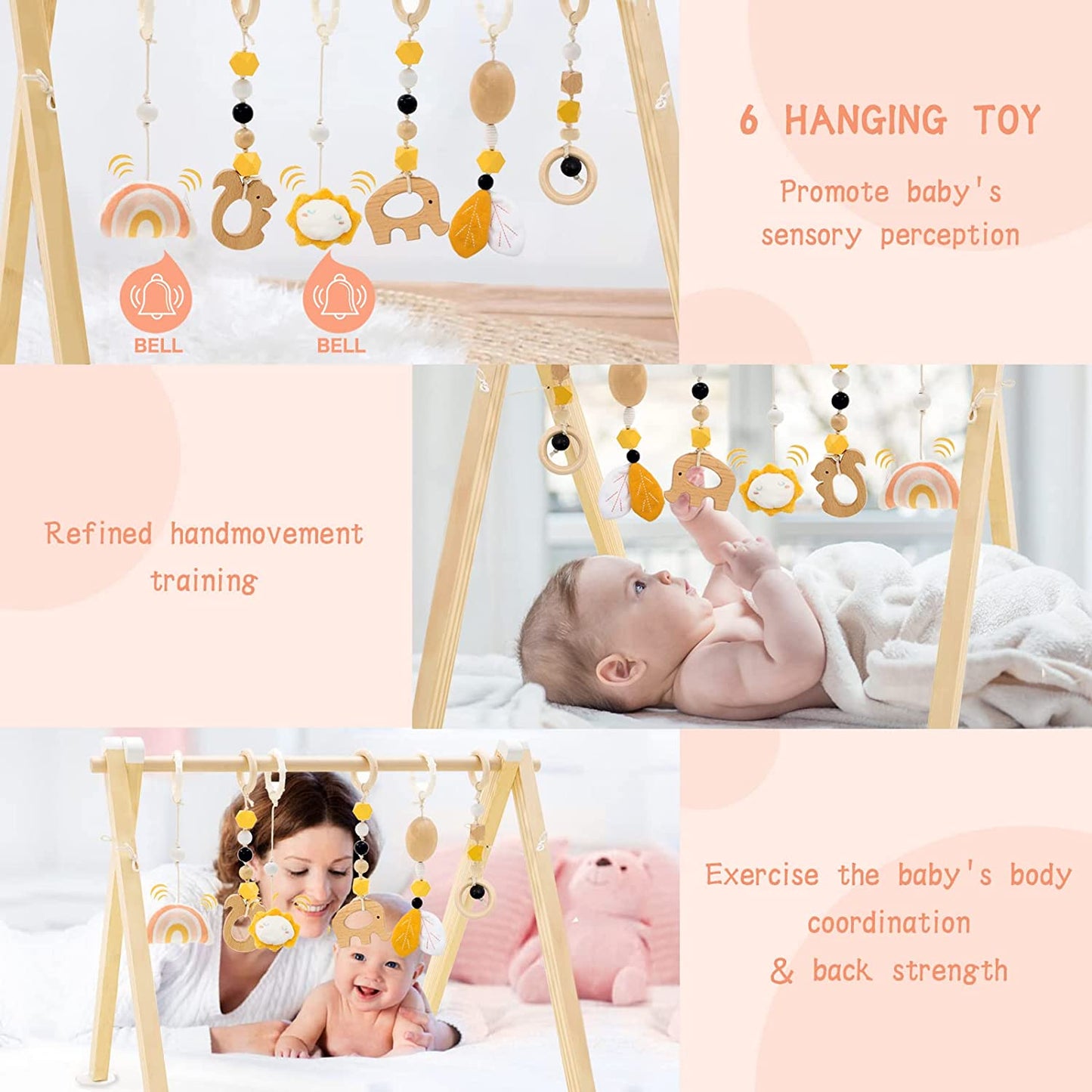 Frogprin Wooden Baby Gym with 6 Hanging Toys, Foldable Wooden Play Gym for Babies 0-12 Month, Baby Play Gym Frame Activity Gym Hanging Bar Newborn Gift Baby Girl and Boy Gym (Natural Pine Wood)