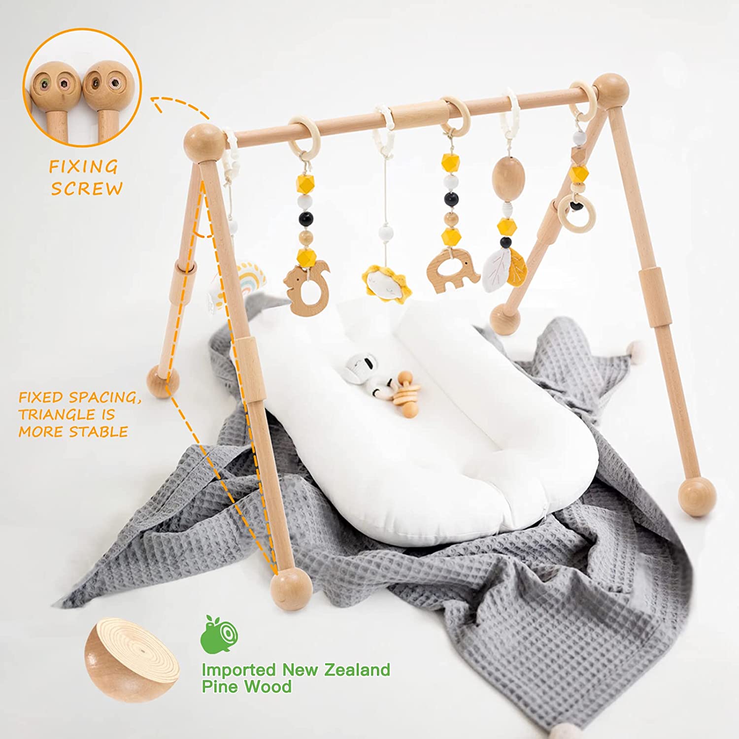 Frogprin Wooden Baby Gym with 6 Hanging Toys, Wooden Play